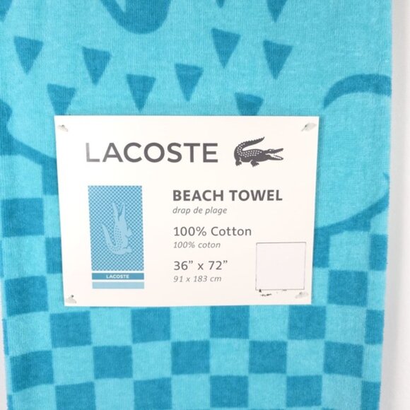 NWT LACOSTE‎ CROC LOGO PLAID BLUE BEACH TOWEL 100% COTTON 36” x 72” - Picture 6 of 6